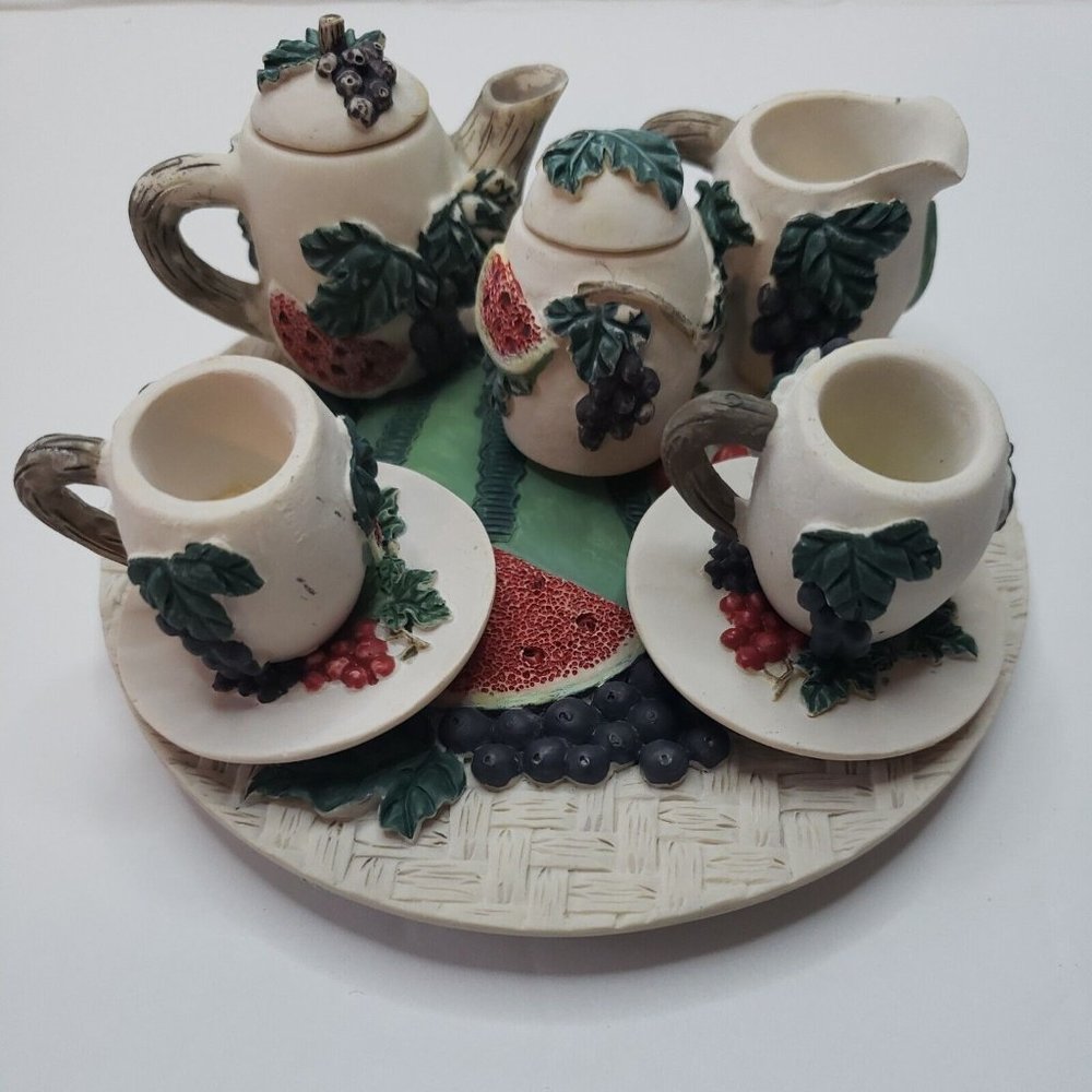 Vtg 10 Piece Miniature Watermelon & Grapes Theme Poly Resin Tea Set